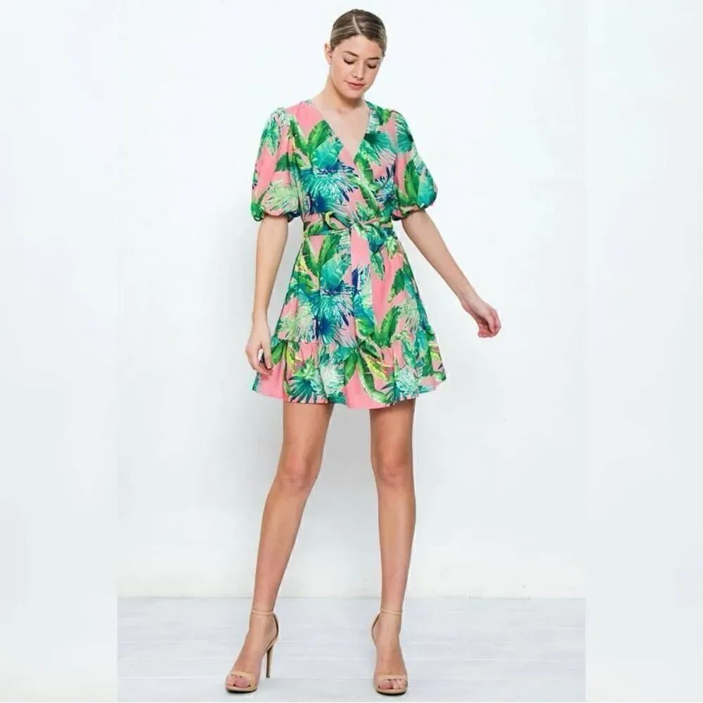 Flying Tomato B-Neck Wrap Tropic Leaf Leaves Print Dress with Puff Short Sleeves
